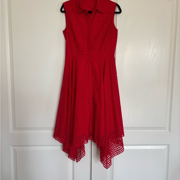 Carolina Herrera Red Eyelet Asymmetrical Shirt Dress size 6 - Picture 8 of 15
